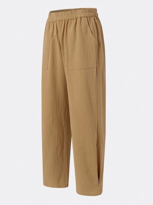 Pocket Elastic Waist Cotton Linen Casual Wide-leg Trousers